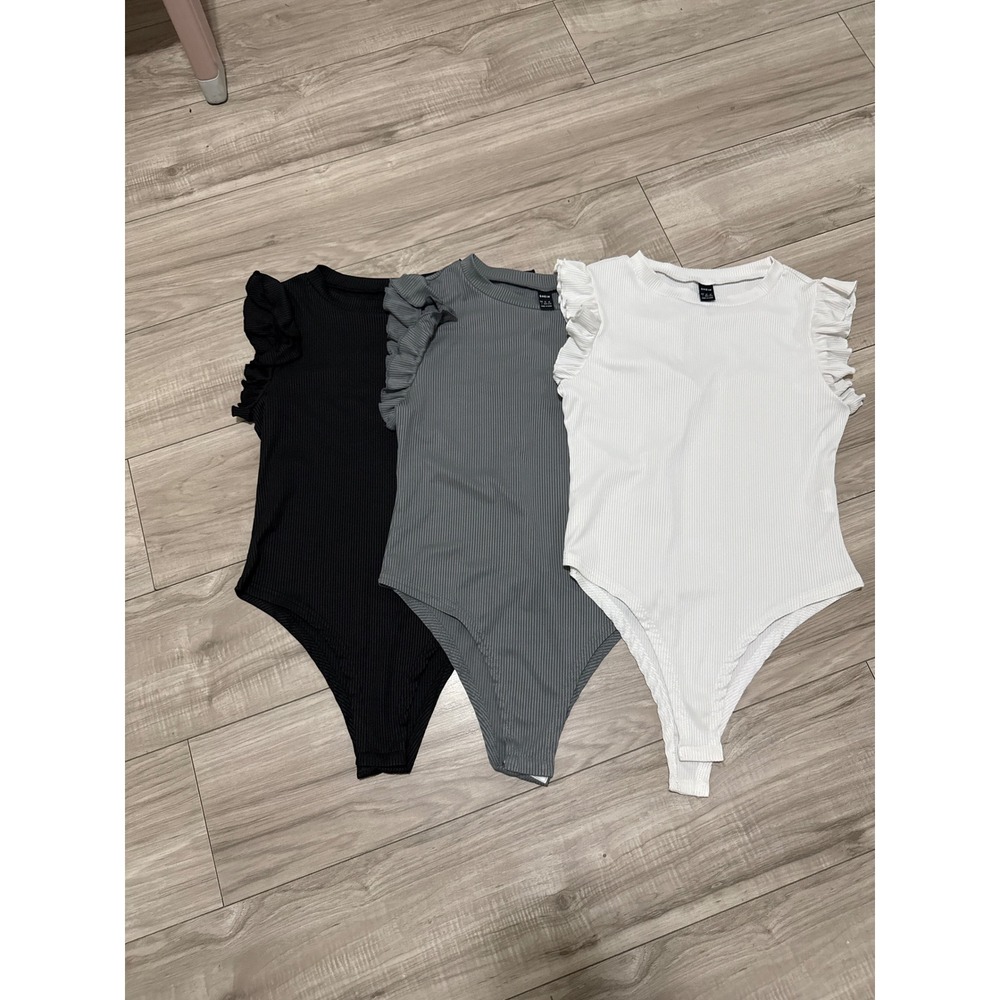 SHEIN Womens Ribbed Ruffle Shoulder Bodysuit Set 3 Pack Black Grey White Large